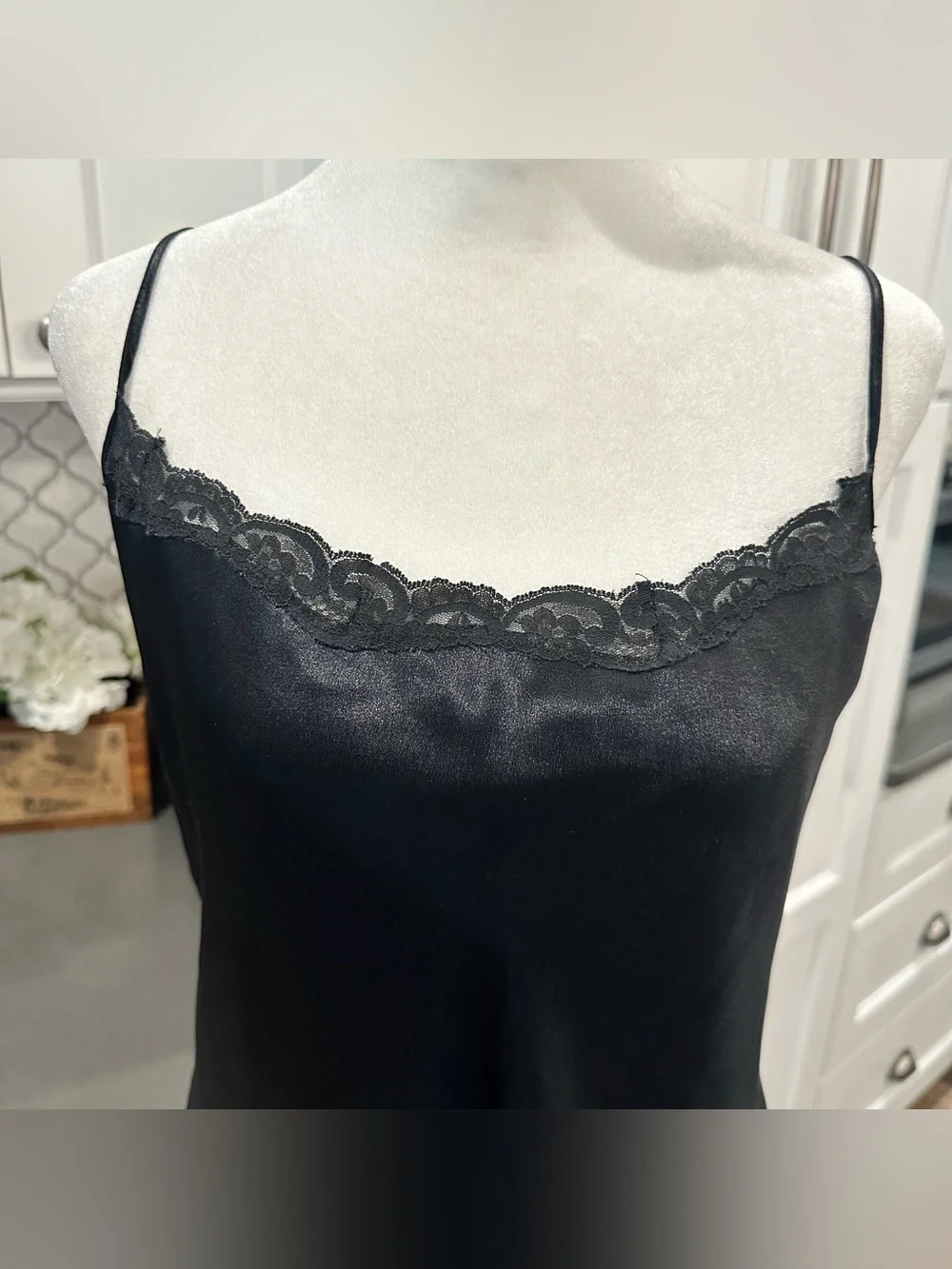 Black Lace Trim Satin Chemise Nightdress